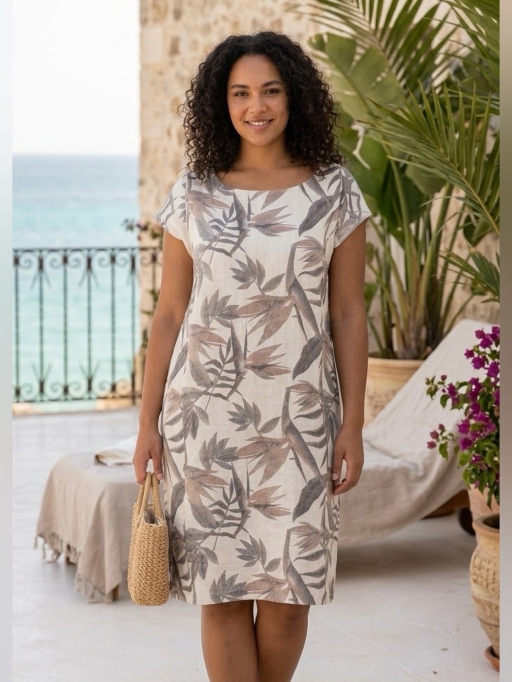 Lingo L’arno Linen Muted Gray & Tan Tropical Print Resortwear NWT Dress Sz 2X